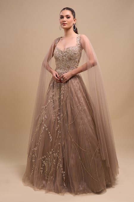 Azeera Lilac Net Sequins, Embroidery, Beads Sweetheart Cascading Draped Sleeve Gown Online at Aza Fashions Azeera_Lilac Net Sequins, Embroidery, Beads Sweetheart Cascading Draped Sleeve Gown _Online_at_Aza_Fashions