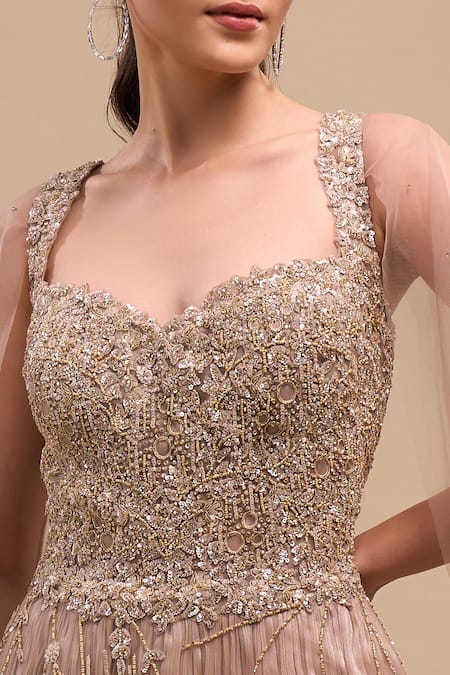 Buy Azeera Lilac Net Sequins, Embroidery, Beads Sweetheart Cascading Draped Sleeve Gown Online at Aza Fashions Buy_Azeera_Lilac Net Sequins, Embroidery, Beads Sweetheart Cascading Draped Sleeve Gown _Online_at_Aza_Fashions