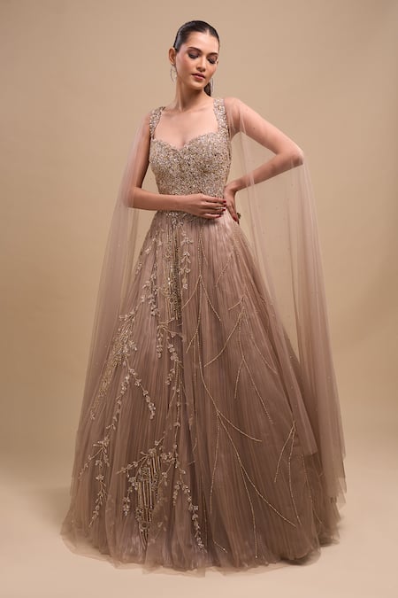 Azeera Lilac Net Sequins, Embroidery, Beads Sweetheart Cascading Draped Sleeve Gown 