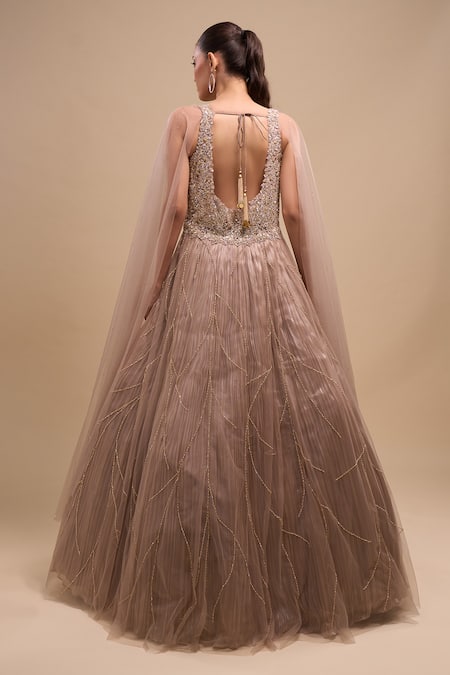 Shop Azeera Lilac Net Sequins, Embroidery, Beads Sweetheart Cascading Draped Sleeve Gown at Aza Fashions Shop_Azeera_Lilac Net Sequins, Embroidery, Beads Sweetheart Cascading Draped Sleeve Gown _at_Aza_Fashions