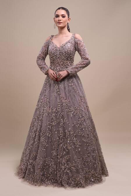 Azeera_Gray Net Sequins, Embroidery V-neck Full Sleeve Gown _Online_at_Aza_Fashions