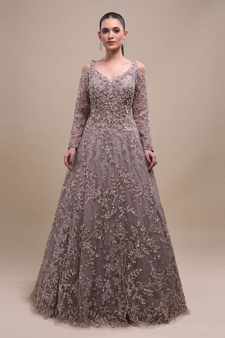 Shop_Azeera_Gray Net Sequins, Embroidery V-neck Full Sleeve Gown _Online_at_Aza_Fashions
