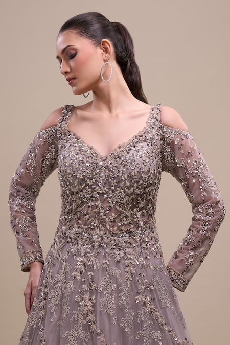 Buy_Azeera_Gray Net Sequins, Embroidery V-neck Full Sleeve Gown 