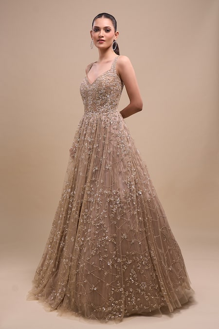 Azeera_Peach Net Sequins, Embroidery V-neck Gown _Online_at_Aza_Fashions