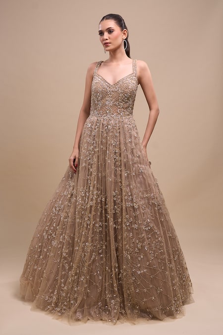 Shop_Azeera_Peach Net Sequins, Embroidery V-neck Gown _Online_at_Aza_Fashions