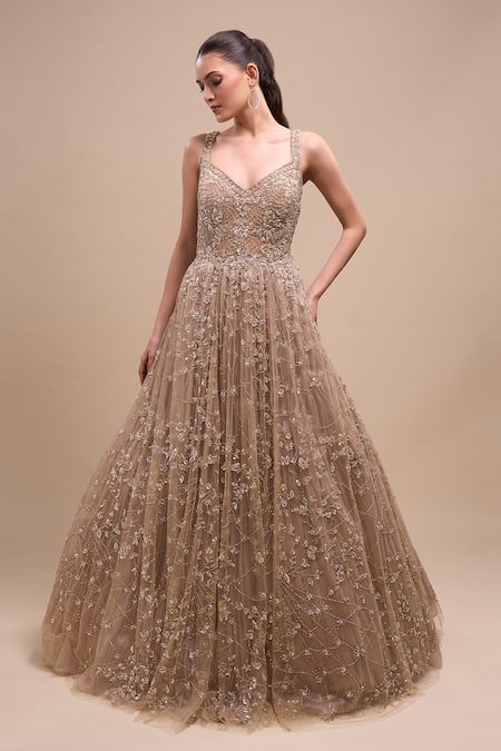 Azeera_Peach Net Sequins, Embroidery V-neck Gown _at_Aza_Fashions