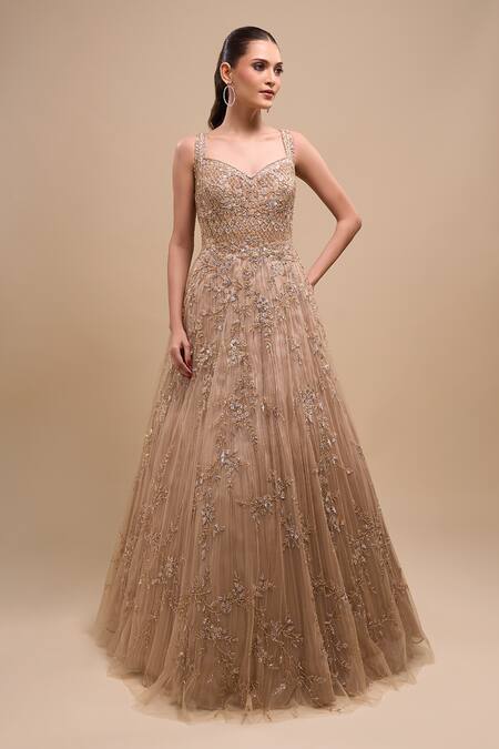 Azeera_Peach Net Sequins, Embroidery Sweetheart Neck Work Ball Gown _Online_at_Aza_Fashions