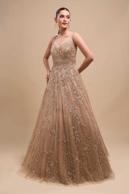 Shop_Azeera_Peach Net Sequins, Embroidery Sweetheart Neck Work Ball Gown _Online_at_Aza_Fashions