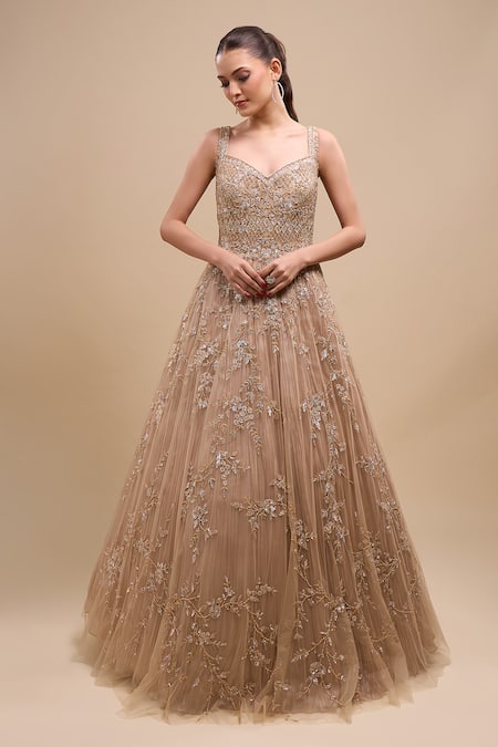 Azeera Peach Sequin Work Ball Gown 