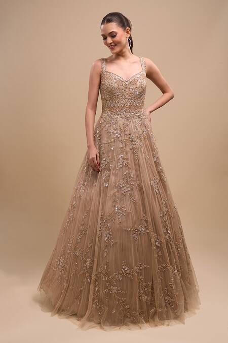 Azeera_Peach Net Sequins, Embroidery Sweetheart Neck Work Ball Gown _at_Aza_Fashions