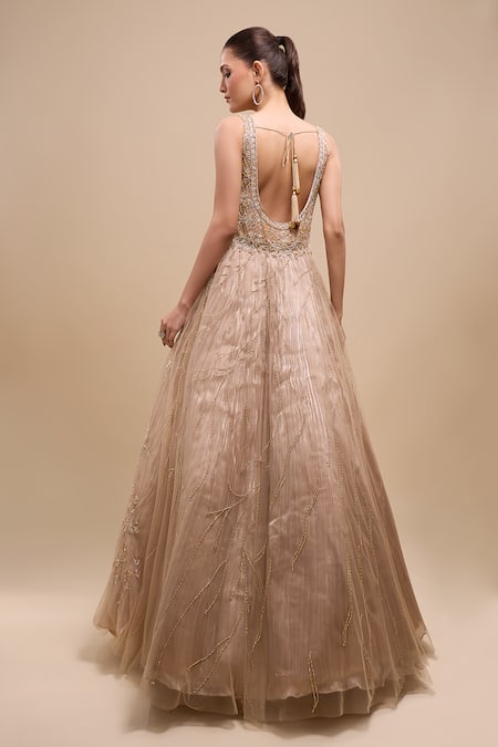 Azeera Peach Sequin Work Ball Gown 