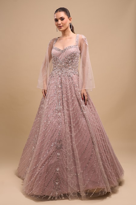 Azeera_Mauve Net Sequins, Beads Sweetheart Neck Hand Embroidered Cape Sleeve Gown _Online_at_Aza_Fashions