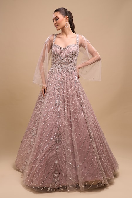 Azeera Sequin Hand Embroidered Cape Sleeve Gown 