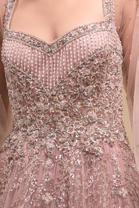 Buy_Azeera_Mauve Net Sequins, Beads Sweetheart Neck Hand Embroidered Cape Sleeve Gown _Online_at_Aza_Fashions