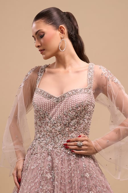 Shop_Azeera_Mauve Net Sequins, Beads Sweetheart Neck Hand Embroidered Cape Sleeve Gown _Online_at_Aza_Fashions