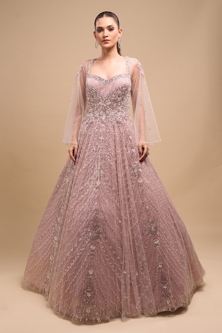Azeera_Mauve Net Sequins, Beads Sweetheart Neck Hand Embroidered Cape Sleeve Gown _at_Aza_Fashions