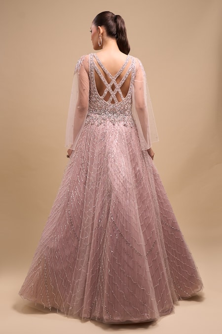 Azeera Sequin Hand Embroidered Cape Sleeve Gown 