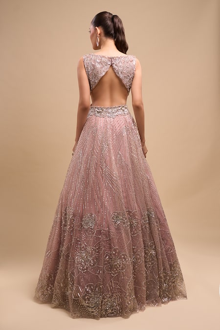 Azeera Peach Embroidered Flared Gown 