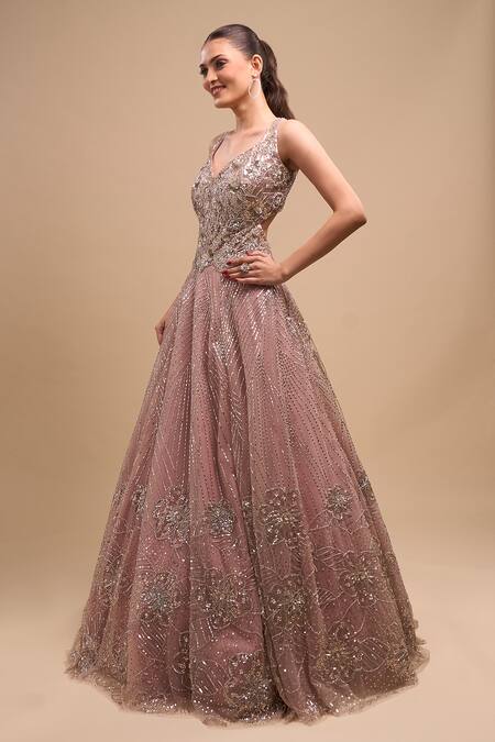 Azeera_Peach Net Sequins, Embroidery V-neck Flared Gown _Online_at_Aza_Fashions