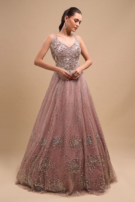 Azeera Peach Embroidered Flared Gown 