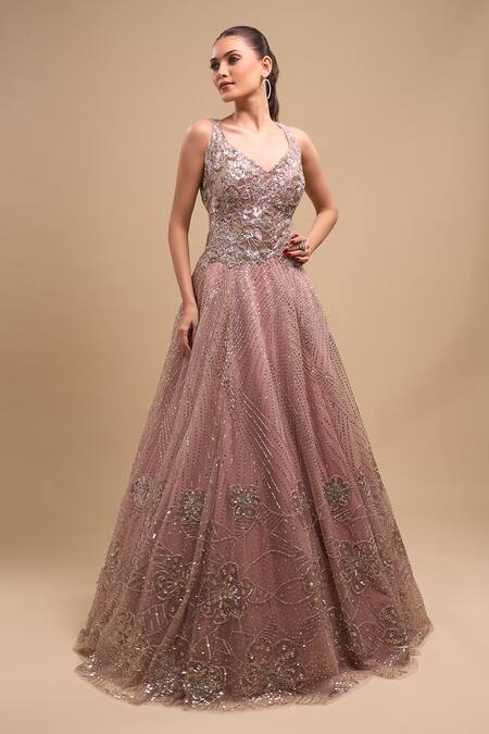 Buy_Azeera_Peach Net Sequins, Embroidery V-neck Flared Gown _Online_at_Aza_Fashions