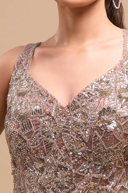 Azeera_Peach Net Sequins, Embroidery V-neck Flared Gown _at_Aza_Fashions