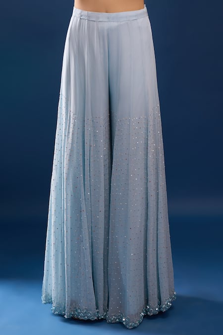 Buy_Azeera_Blue Net, Georgette Sequins, Beads, Embroidery Boat Power Kurta Sharara Set _Online_at_Aza_Fashions