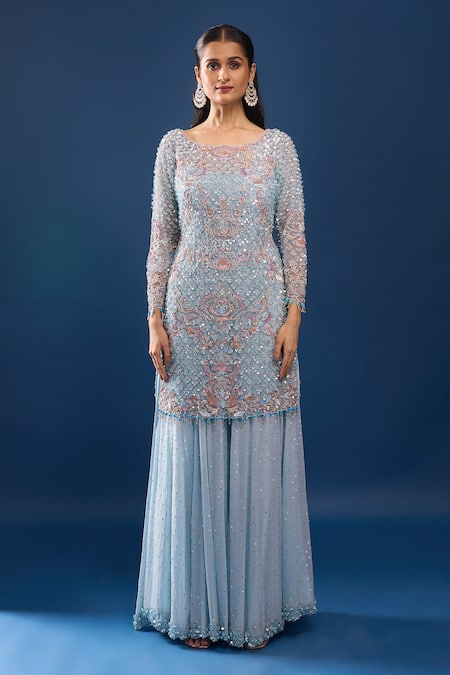 Shop_Azeera_Blue Net, Georgette Sequins, Beads, Embroidery Boat Power Kurta Sharara Set _Online_at_Aza_Fashions
