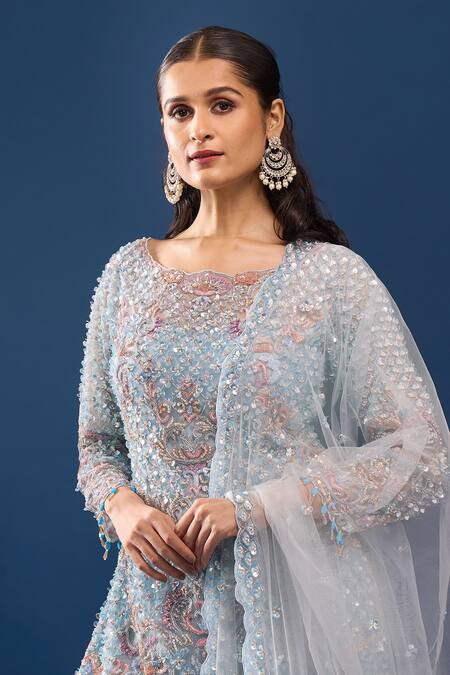 Azeera_Blue Net, Georgette Sequins, Beads, Embroidery Boat Power Kurta Sharara Set _at_Aza_Fashions