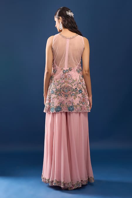 Shop Azeera Pink Net, Georgette Embroidery, Sequins, Zari Round Neck Kurta Sharara Set at Aza Fashions Shop_Azeera_Pink Net, Georgette Embroidery, Sequins, Zari Round Neck Kurta Sharara Set _at_Aza_Fashions