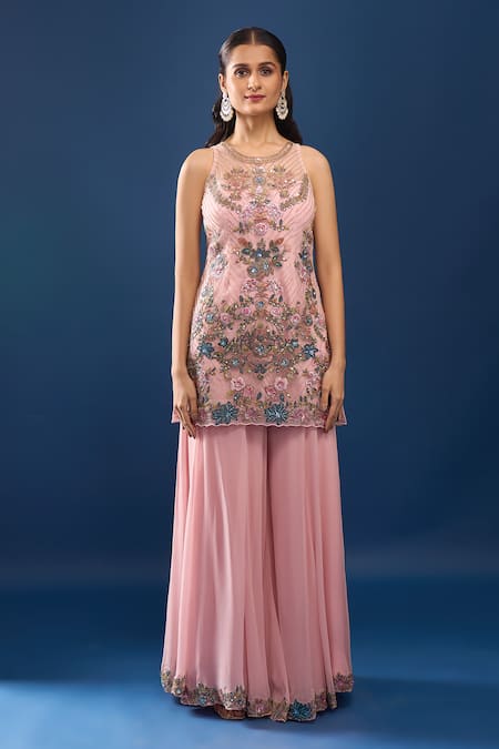 Buy Azeera Pink Net, Georgette Embroidery, Sequins, Zari Round Neck Kurta Sharara Set Online at Aza Fashions Buy_Azeera_Pink Net, Georgette Embroidery, Sequins, Zari Round Neck Kurta Sharara Set _Online_at_Aza_Fashions