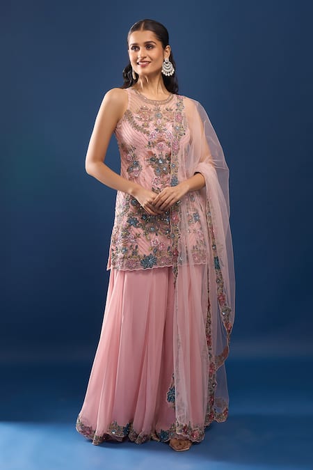 Azeera Pink Net, Georgette Embroidery, Sequins, Zari Round Neck Kurta Sharara Set 