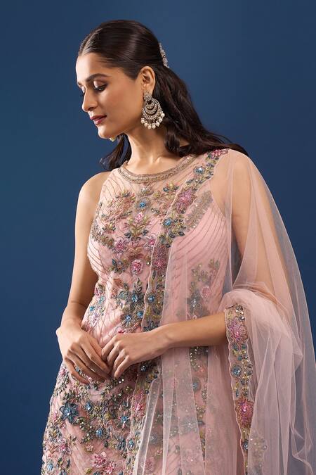 Azeera Pink Net, Georgette Embroidery, Sequins, Zari Round Neck Kurta Sharara Set at Aza Fashions Azeera_Pink Net, Georgette Embroidery, Sequins, Zari Round Neck Kurta Sharara Set _at_Aza_Fashions