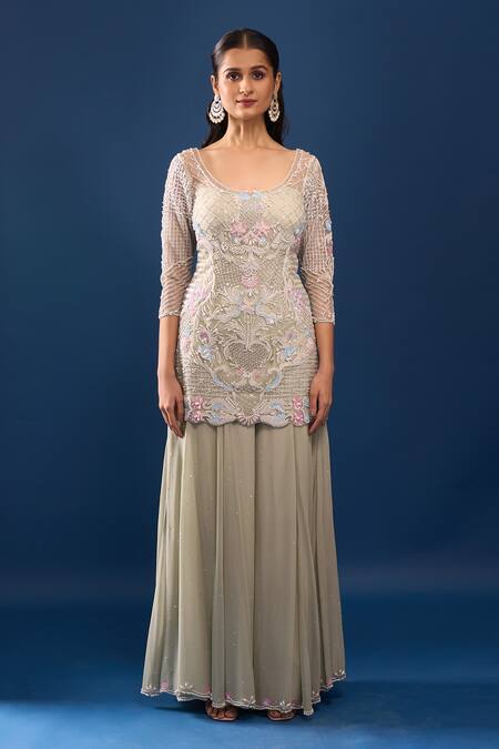 Shop_Azeera_Green Net, Georgette Embroidery, Sequins, Beads Seafoam Kurta Sharara Set _Online_at_Aza_Fashions