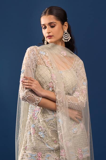 Azeera_Green Net, Georgette Embroidery, Sequins, Beads Seafoam Kurta Sharara Set _at_Aza_Fashions