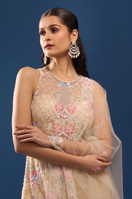 Buy_Azeera_Ivory Net, Georgette Embroidery, Sequins, Beads Round Neck Kurta Sharara Set _Online_at_Aza_Fashions