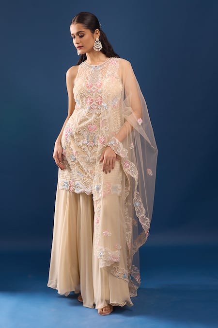 Azeera_Ivory Net, Georgette Embroidery, Sequins, Beads Round Neck Kurta Sharara Set _at_Aza_Fashions