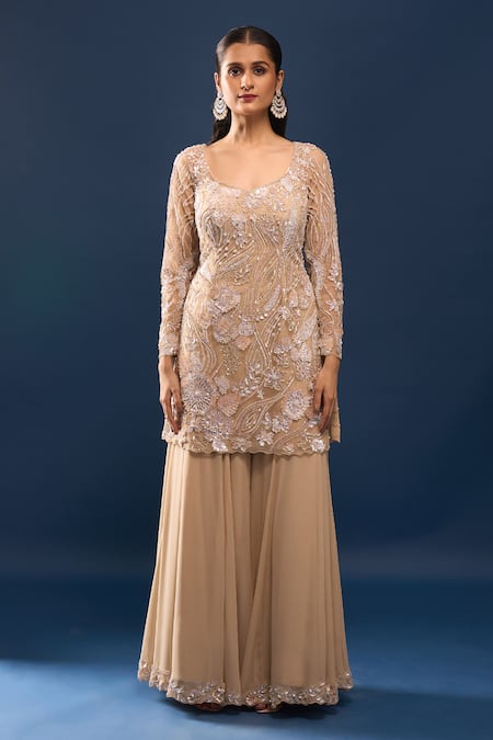 Shop_Azeera_Ivory Net, Georgette Embroidery, Sequins Leaf Neck Kurta Sharara Set _Online_at_Aza_Fashions