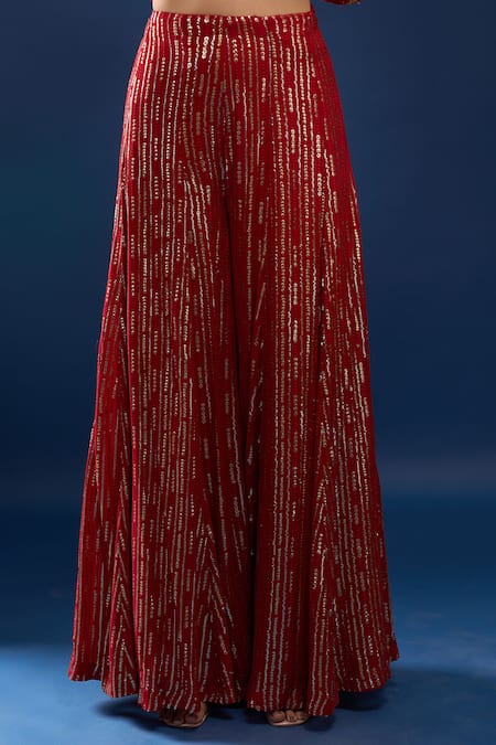 Azeera_Red Net, Georgette Embroidery, Sequins, Zari Leaf Neck Kurta Sharara Set _Online_at_Aza_Fashions