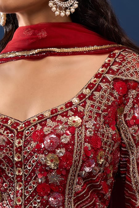 Buy_Azeera_Red Net, Georgette Embroidery, Sequins, Zari Leaf Neck Kurta Sharara Set _Online_at_Aza_Fashions