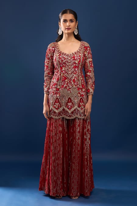 Shop_Azeera_Red Net, Georgette Embroidery, Sequins, Zari Leaf Neck Kurta Sharara Set _Online_at_Aza_Fashions