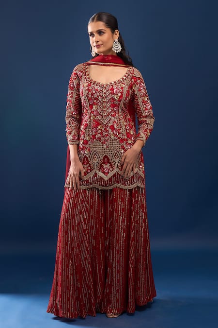 Azeera_Red Net, Georgette Embroidery, Sequins, Zari Leaf Neck Kurta Sharara Set _at_Aza_Fashions