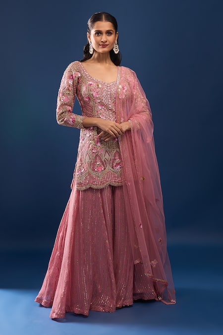 Azeera_Pink Georgette, Net Embroidery, Sequins, Stones, Zari Scoop Kurta Sharara Set _Online_at_Aza_Fashions