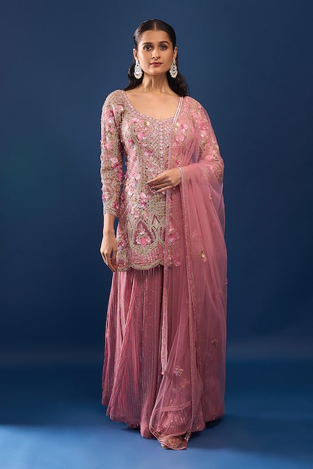 Buy_Azeera_Pink Georgette, Net Embroidery, Sequins, Stones, Zari Scoop Kurta Sharara Set _Online_at_Aza_Fashions