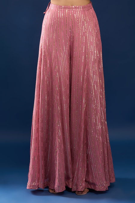 Shop_Azeera_Pink Georgette, Net Embroidery, Sequins, Stones, Zari Scoop Kurta Sharara Set _Online_at_Aza_Fashions