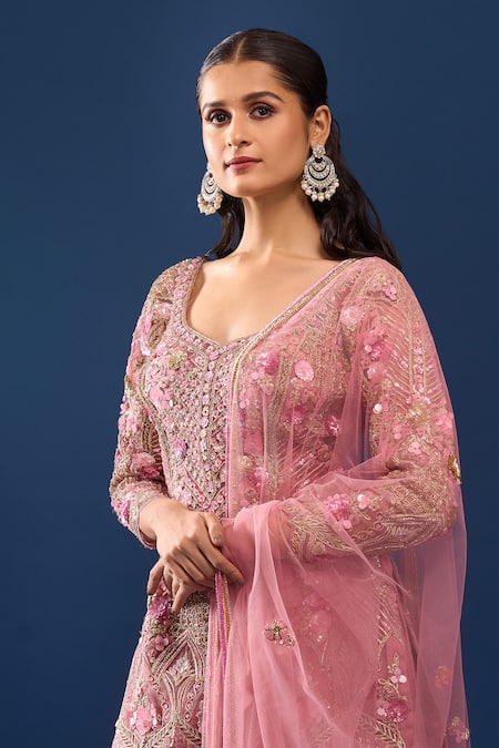 Azeera_Pink Georgette, Net Embroidery, Sequins, Stones, Zari Scoop Kurta Sharara Set _at_Aza_Fashions
