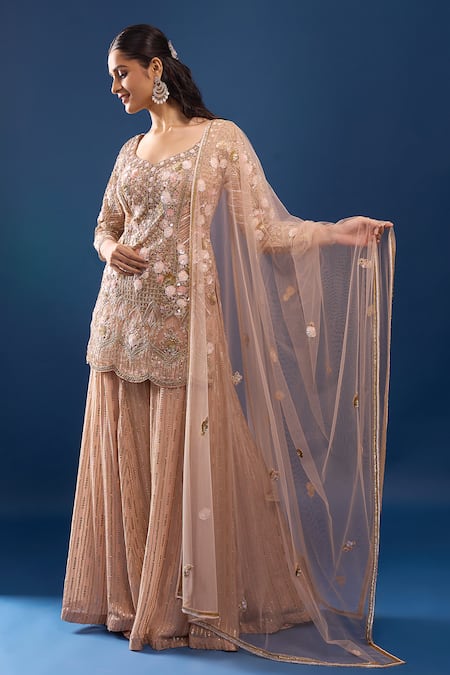 Buy_Azeera_Peach Net, Georgette Embroidery, Sequins Leaf Neck Kurta Sharara Set _Online_at_Aza_Fashions