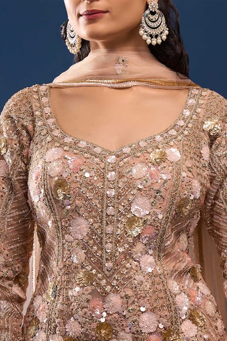 Shop_Azeera_Peach Net, Georgette Embroidery, Sequins Leaf Neck Kurta Sharara Set _Online_at_Aza_Fashions