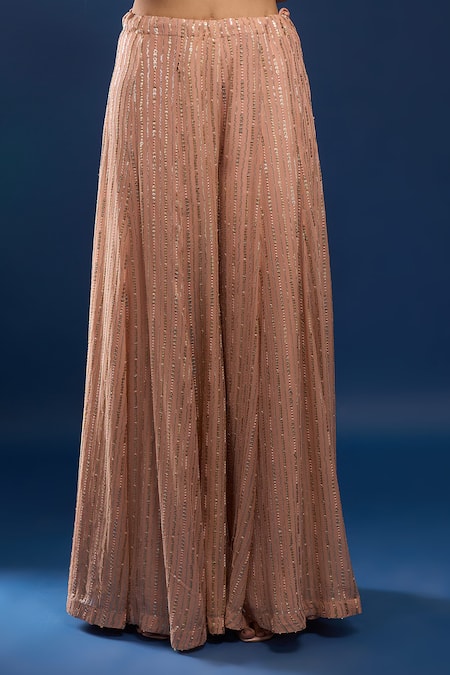 Azeera_Peach Net, Georgette Embroidery, Sequins Leaf Neck Kurta Sharara Set _at_Aza_Fashions