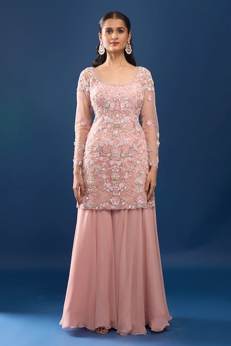 Azeera_Pink Net, Georgette Embroidery, Sequins, Beads Scoop Neck Kurta Sharara Set _Online_at_Aza_Fashions